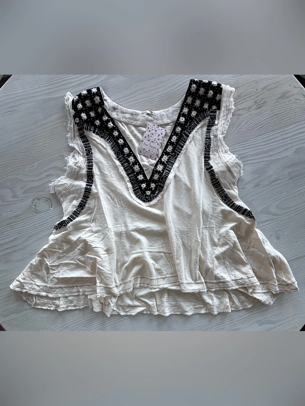Free People Market Place V-Neck Top in the color Ecru Combo Size Small